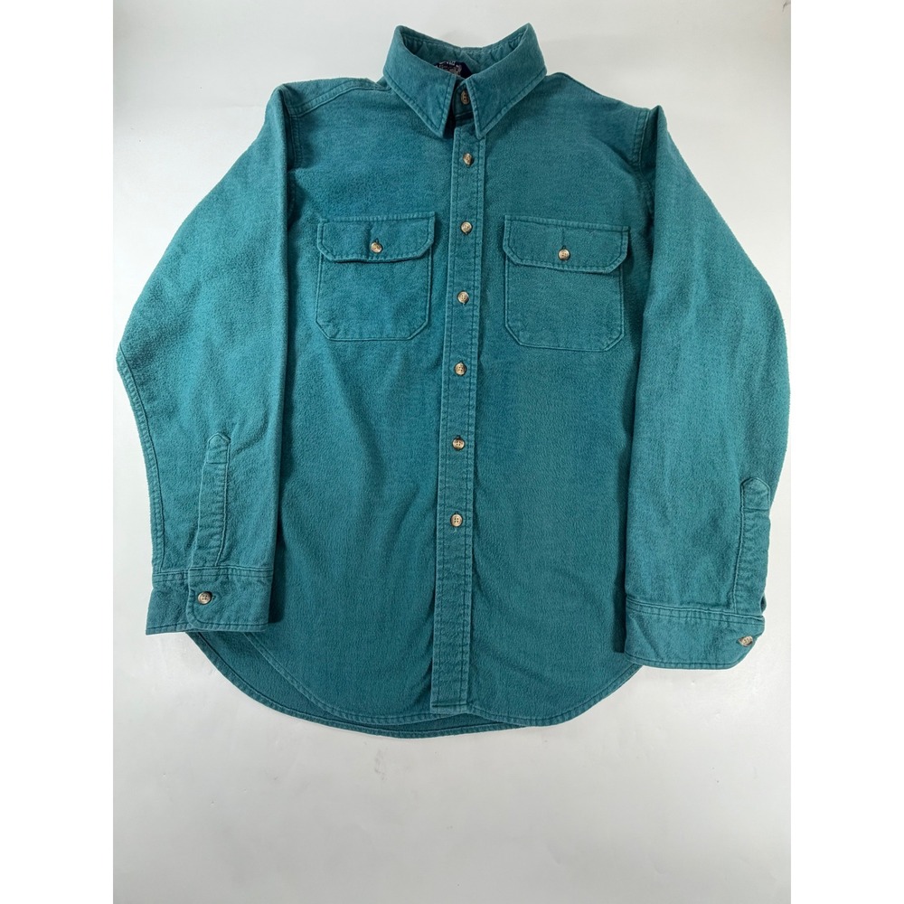 Woolrich Mens Vintage Teal Green Chamois Cotton Flannel Shirt Made in USA 6411 L